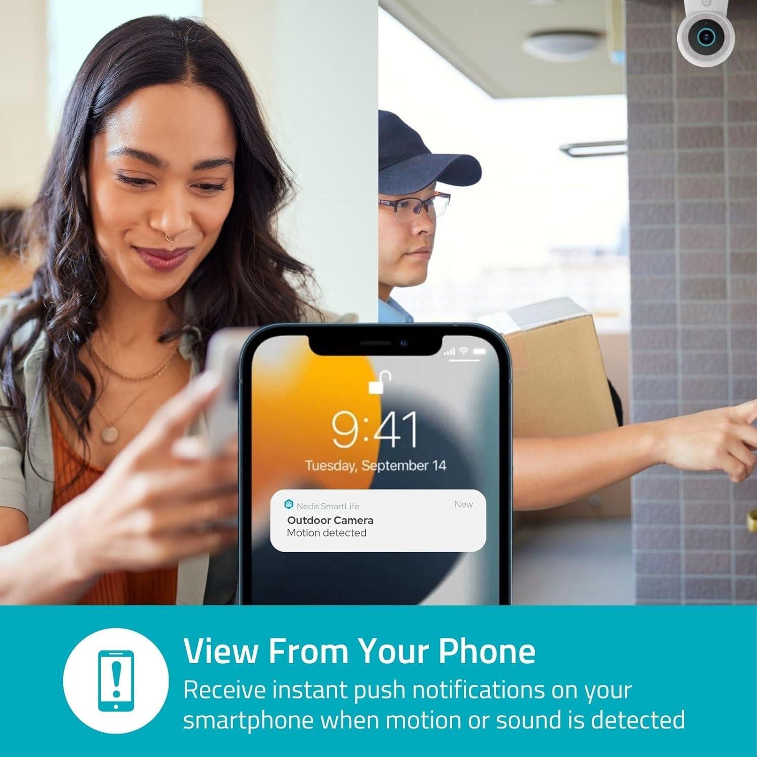 Nedis SmartLife Outdoor Camera, Wi-Fi, 3MP 1296p, Motion Sensor, AI Human Detection, Dimmable Spotlight Full-Colour Night Vision, Two-Way Audio, IP65 Weatherproof - White