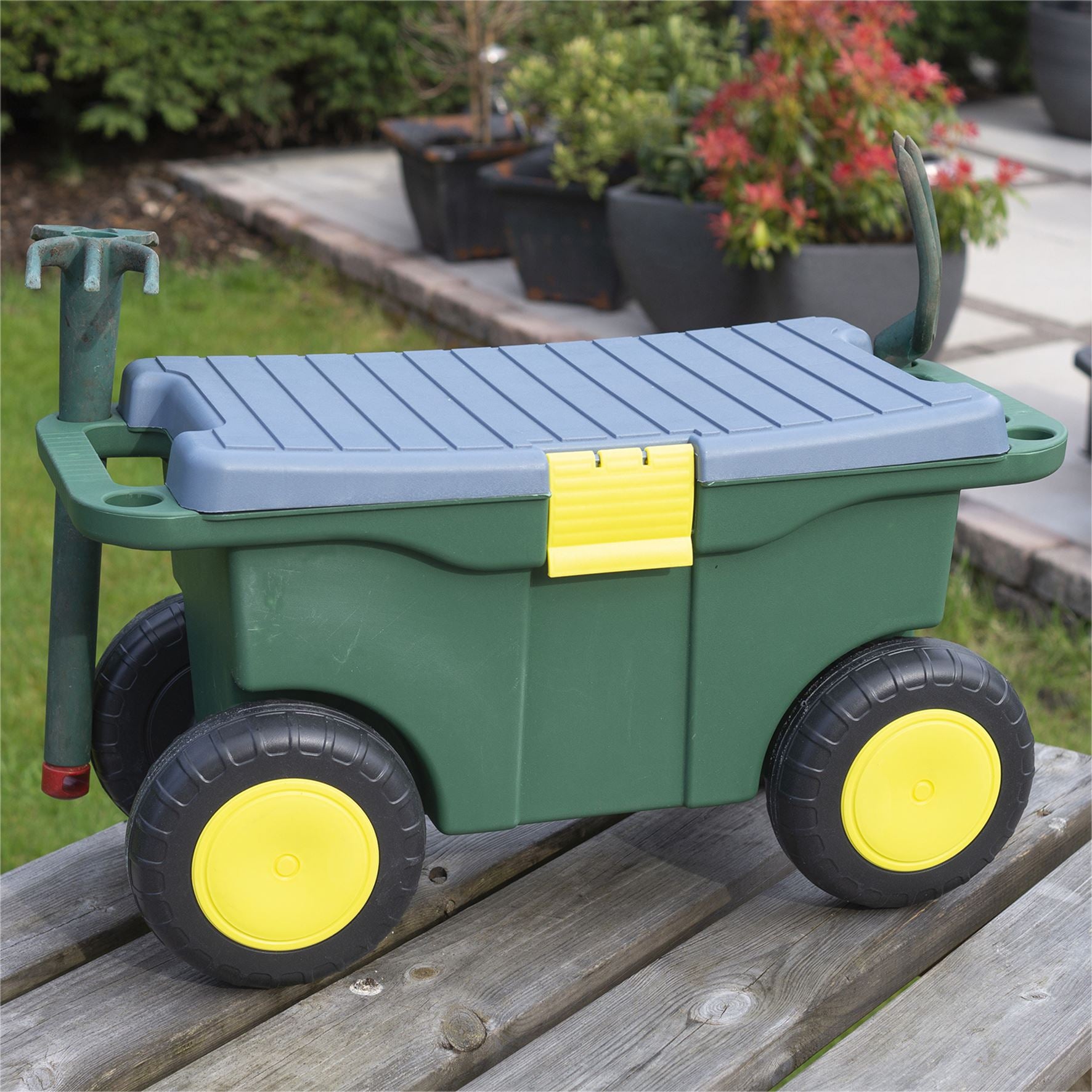 Outdoor Rolling Garden Seat Wheeled Stool with Tool Tray & Store