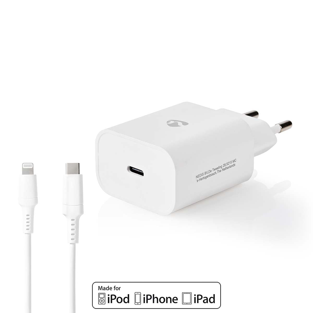 Nedis EU Euro Travel Wall Charger | 20 W | PD3.0 20W | Quick charge feature | 1.67 / 2.22 / 3.0 A | Number of outputs: 1 | USB-C™ | Lightning 8-Pin (Loose) Cable | 1.00 m | Automatic Voltage Selection | White