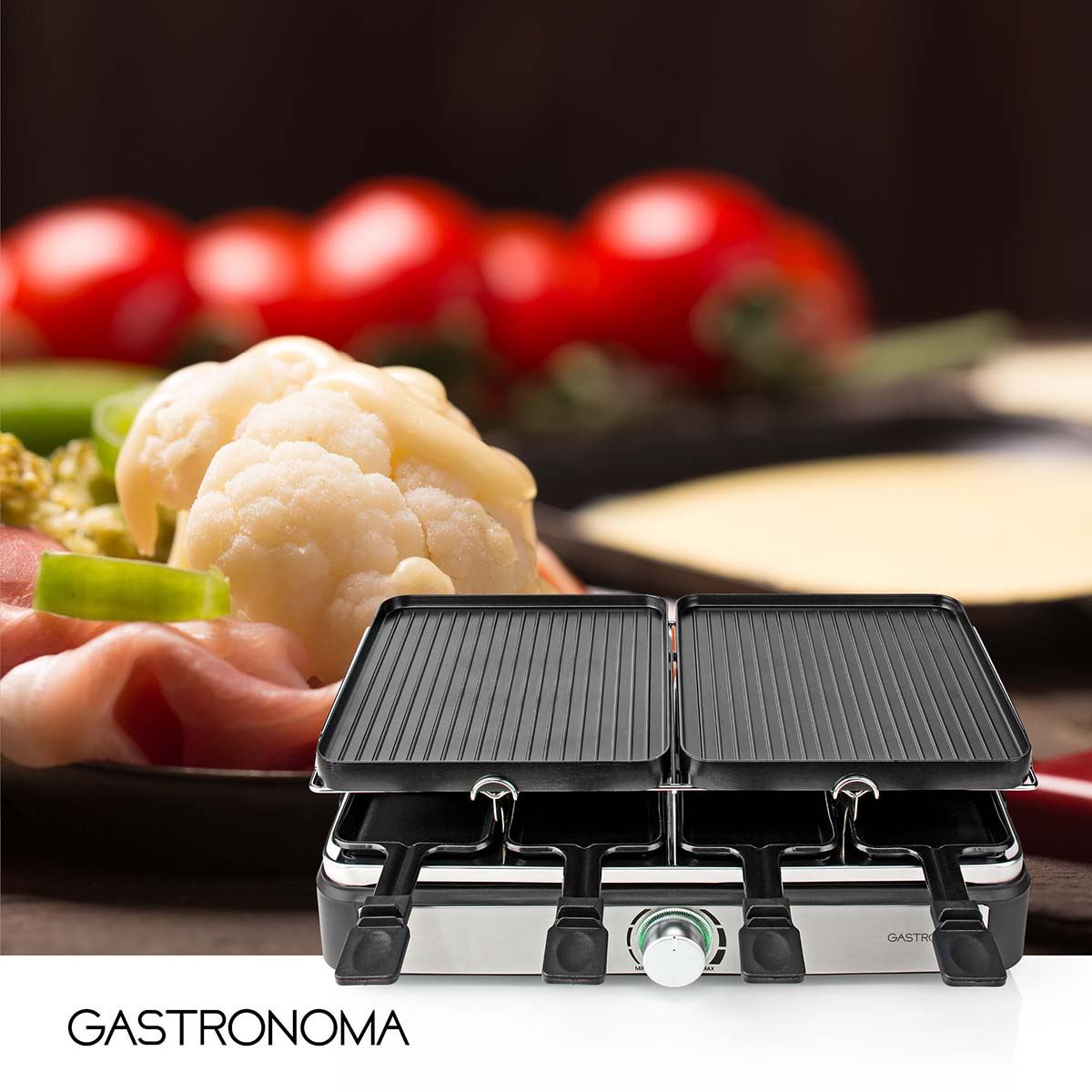 Gastronoma Electric Raclette Gourmet Stone Grill, 8 Person Indoor Non-Stick Tabletop Cooker, Removable Hot Plate, Adjustable Thermostat, with 8 x Mini Cheese Pans & Spatulas, 1400W