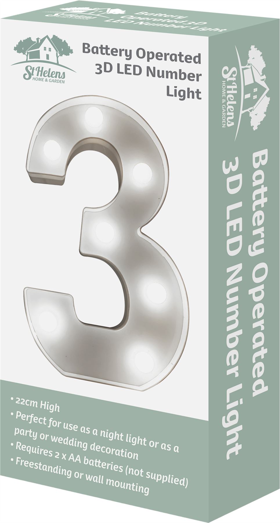 "3" Light Up 3D LED 22cm Numbers Party Birthday Wedding Battery Operated