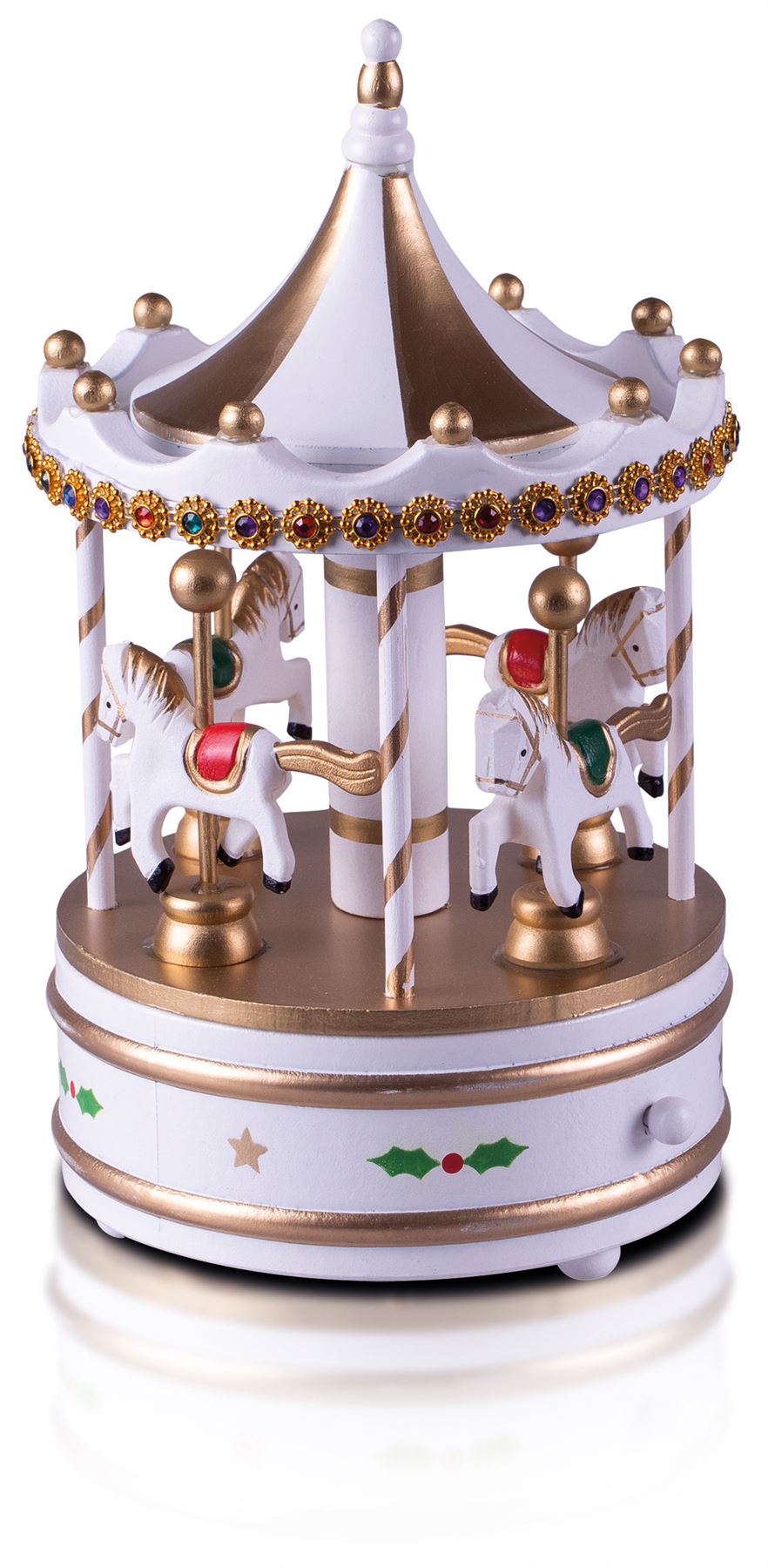 Christmas Wooden Mechanical Carousel Music Box Wind Up Ornament - White & Gold