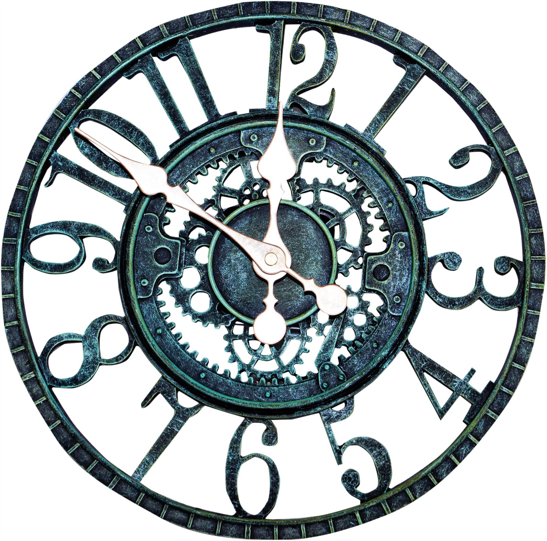 Vintage 30cm Outdoor Wall Clock with Open Face Industrial Cog and Wheel Gear Design for Garden - Green