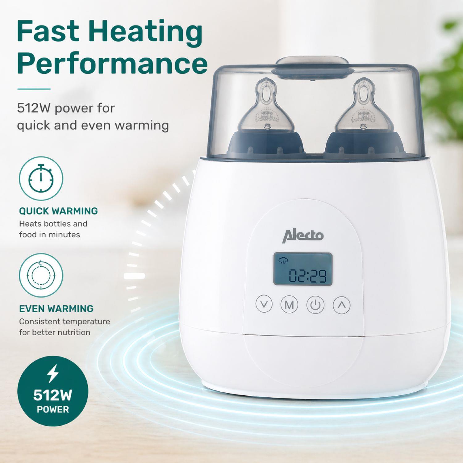 Alecto 2 Bottle Warmer, Baby Double Bottle Sterilizer with Digital Display and Temperature Control in Minutes, Portable Mam Bottle Warmer for Breastmilk, Food, Formula for Travel and Home Use