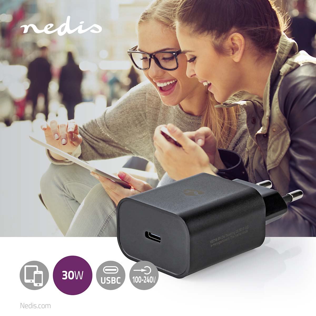 Nedis EU Euro Travel Wall Charger | 30 W | PD3.0 27W / PD3.0 30W / QC3.0 | Quick charge feature | 1.5 / 2.0 / 2.5 / 3.0 A | Number of outputs: 1 | USB-C™ | Automatic Voltage Selection | Black