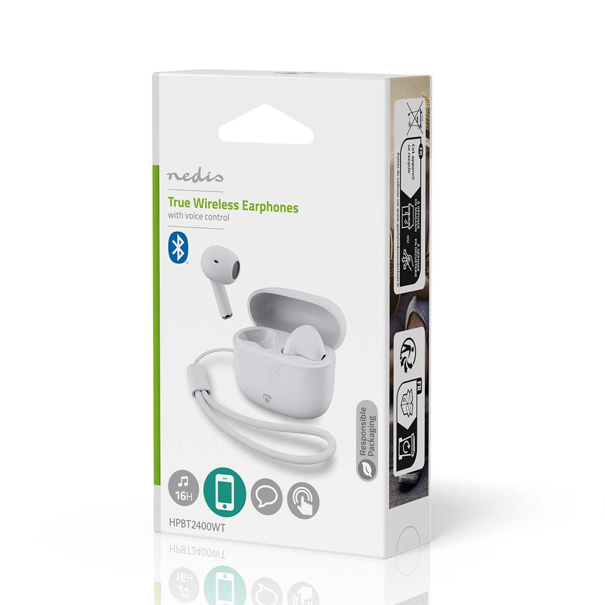 Nedis True Wireless Earphones, Bluetooth 5.3 with Touch Control, Built-In Mic, Instant Pairing, USB-C Charging Case, 16 Hrs Playtime, Compatible with Google Assistant - White