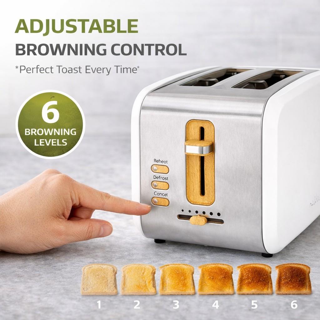 Nedis Soft Touch Toaster, 2 Slice, 6 Browning Levels, Defrost Cancel Reheat Functions, Cool Touch, White