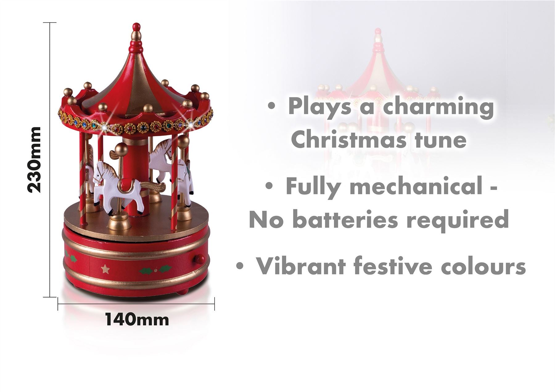 Christmas Wooden Mechanical Carousel Music Box Wind Up Ornament - Red & Gold