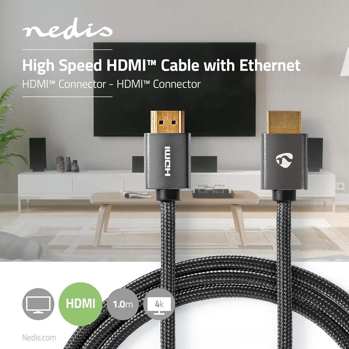 Nedis High Speed HDMI™ Cable with Ethernet | HDMI™ Connector | HDMI™ Connector | 4K@60Hz | ARC | 18 Gbps | 1.00 m | Round | Cotton | Gun Metal Grey | Cover Window Box
