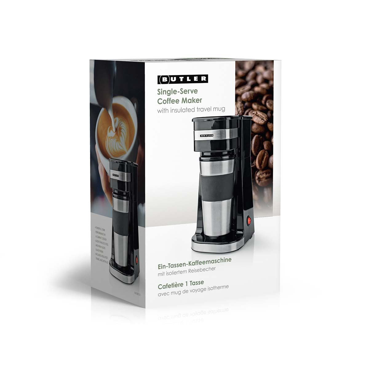 Butler Single Serve Coffee Maker with 400ml Travel Mug, Double Wall Insulated, Stainless Steel, with Reusable Filter