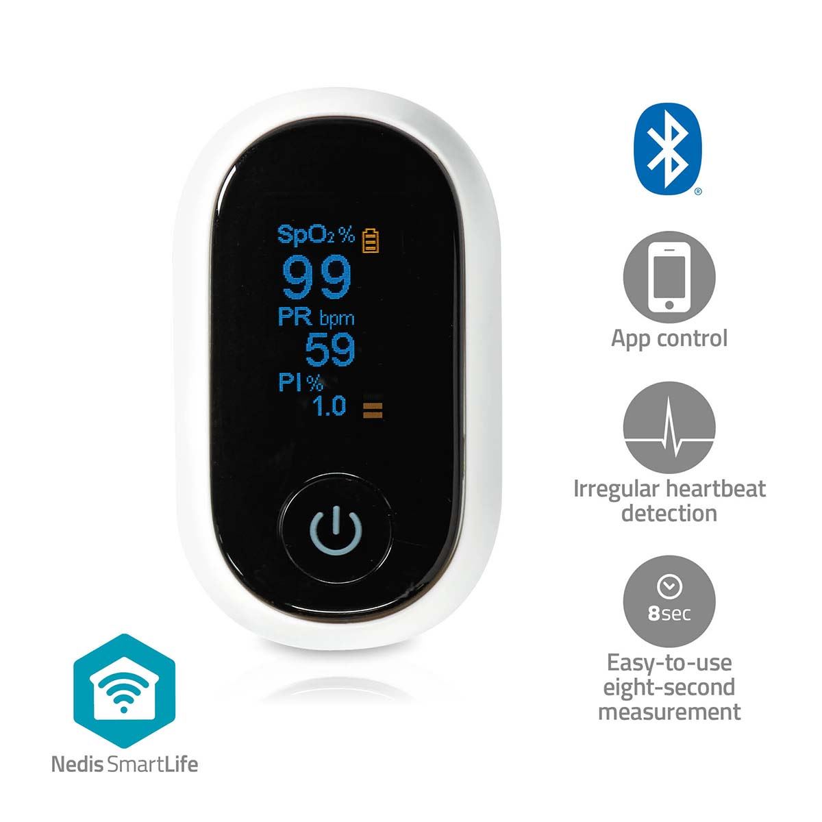Nedis Smartlife Pulse Oximeter, Measures SpO2, PR & PI, OLED Display, Bluetooth, High Precision Sensor, 8-Second Reading, App Connected - White