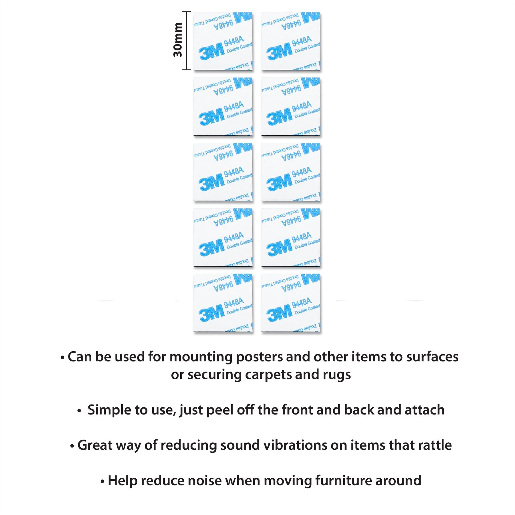 30mm 10 Pack Double-Sided Square Adhesive Mounting Pads
