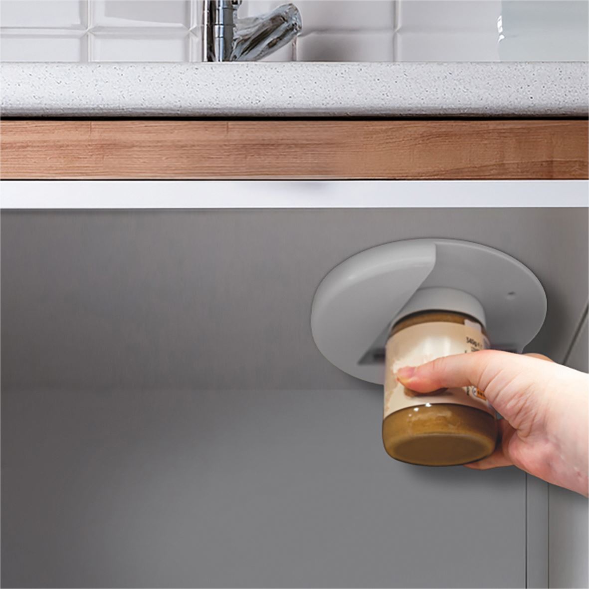 Arthritis Glass Jar Opener for Under the Kitchen Cabinet Counter Lid Remover Aid - White