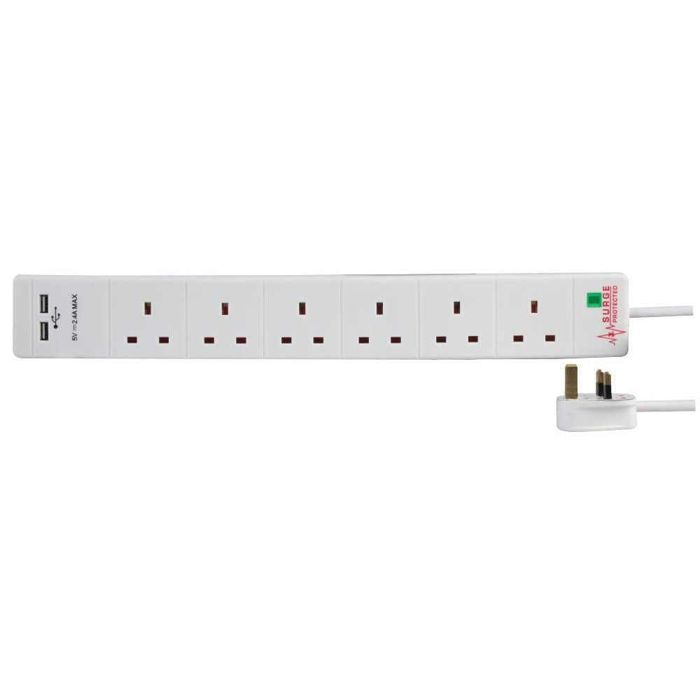 6 Gang 3m Mains Extension Lead Socket Surge Protected 13A with USB Charge Ports - White