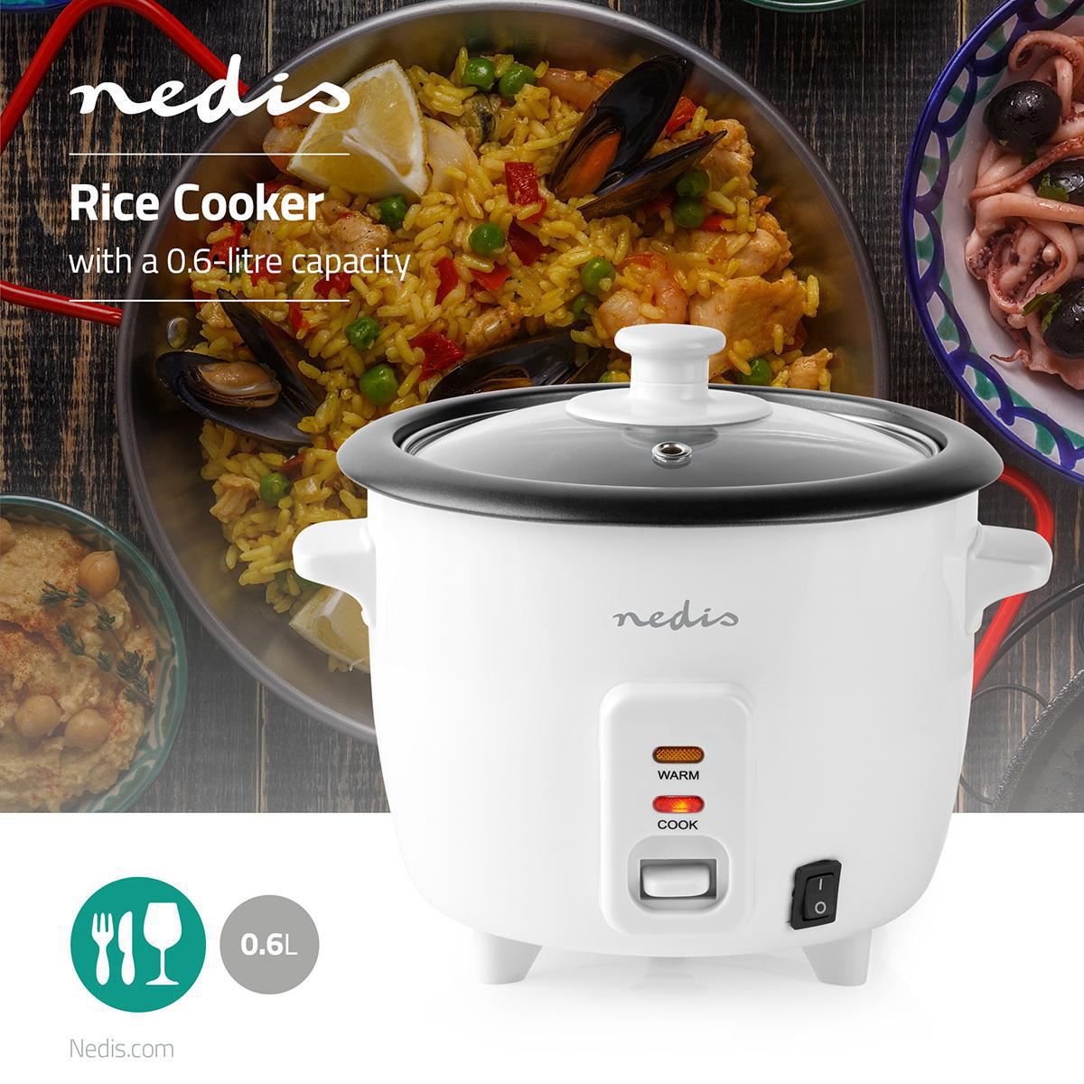Nedis 0.6L Rice Cooker & Steamer with Keep-Warm Function, 300W, for 1-2 People, Quick Preparation Without Burning, Non-Stick Coating incl. Steamer Insert