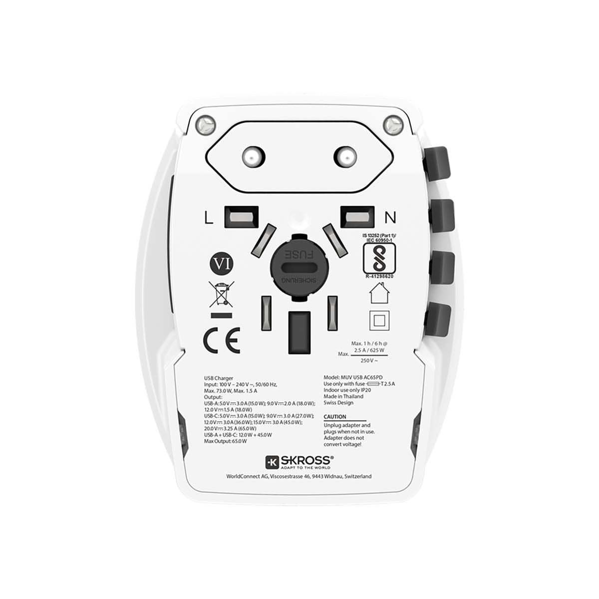 Skross Travel Adapter 2-pole World Wide with integrated Dual USB Charger (1x USB C & 1 x USB) 65 Watt Power Delivery | SKR1302976