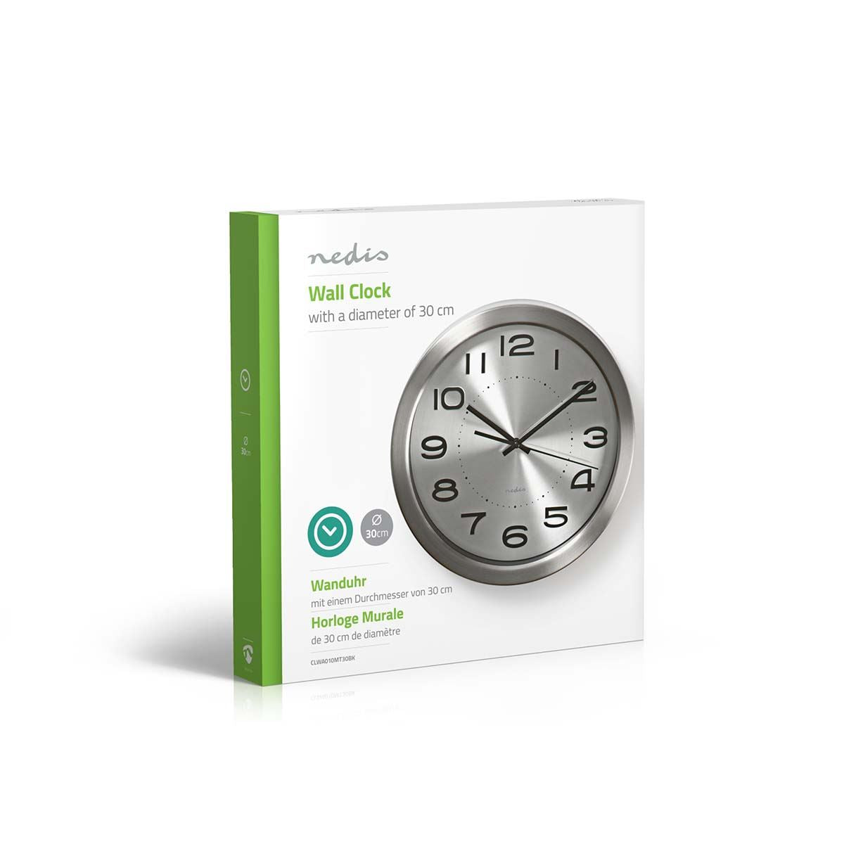 Nedis 30cm Wall Clock with Easy Read Numbers, Battery Powered -  Stainless Steel / Silver