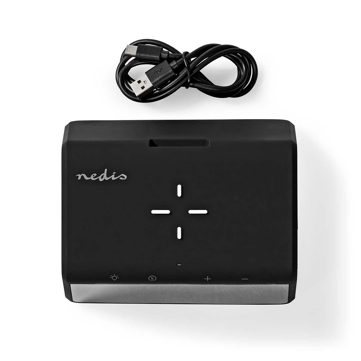 Nedis Wireless Charging Alarm Clock With Qi Certified Dock, Dual Programmable Alarms, Dimmable Backlit Display, Colour Changing Night Light - Black