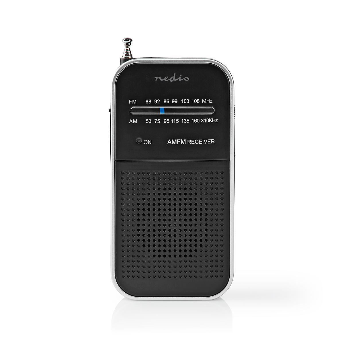 Nedis FM Radio | Portable Design | AM / FM | Battery Powered | Analogue | 1.5 W | Black White Screen | Headphone output | IP20 | Aluminium / Black