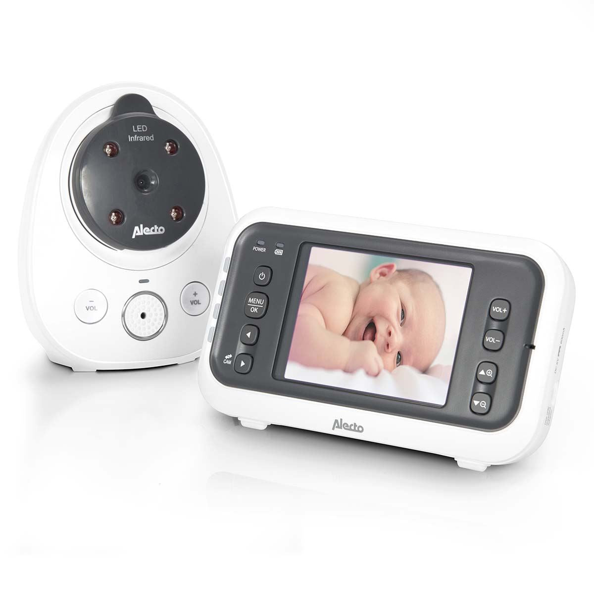 Alecto DVM-77 Video Baby Monitor with Camera, 2.8" Inch No Wifi Baby Monitor, Temperature, Night Vision, Wall Bracket, Two-Way Audio - White / Taupe