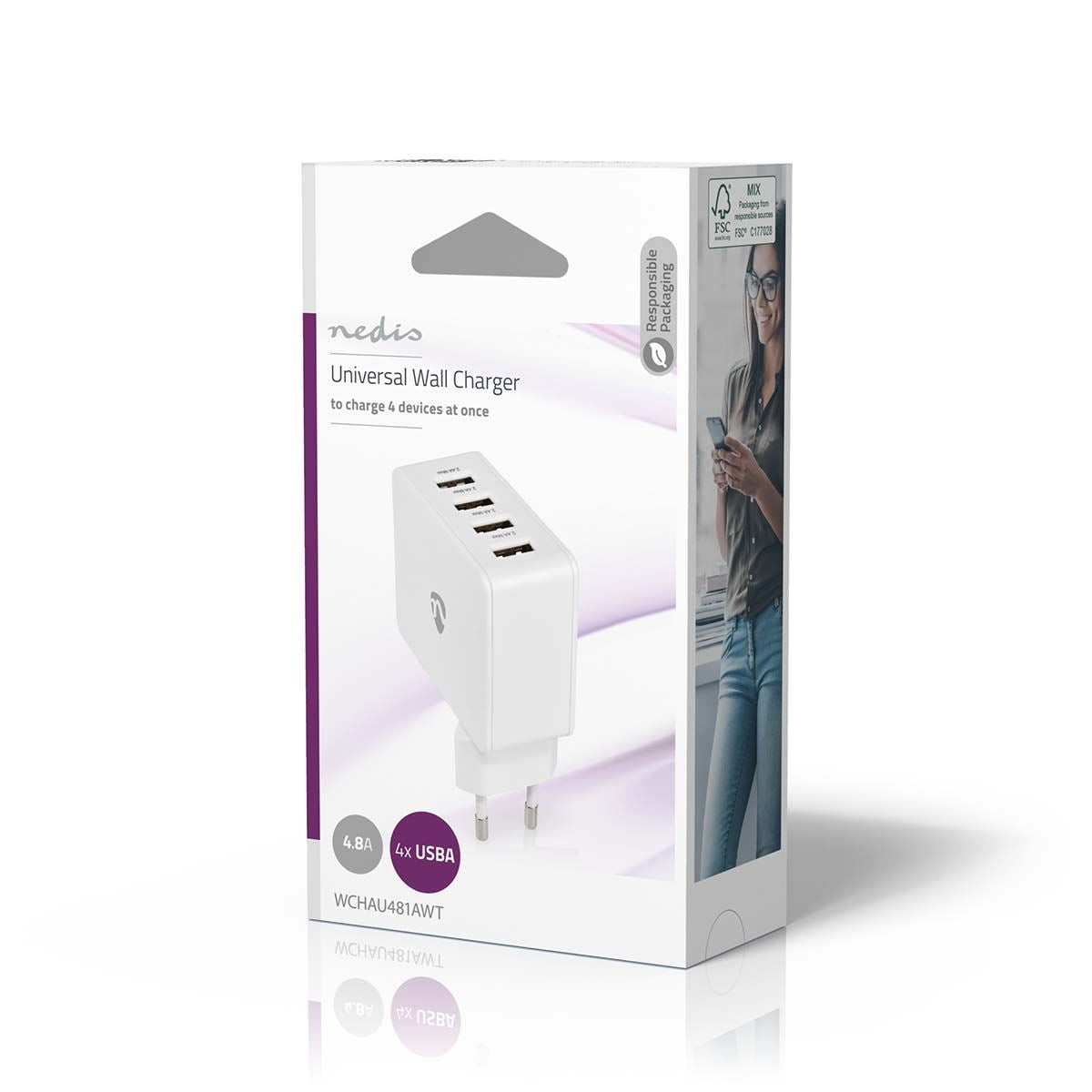 Nedis EU Euro Travel Wall Charger | 24 W | Quick charge feature | 4x 2.4 A | Number of outputs: 4 | 4x USB-A | No Cable Included | Single Voltage Output | White