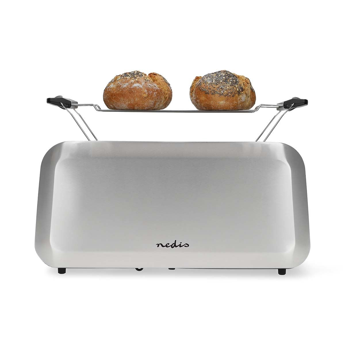 Nedis 2 Slice Toaster with Extra Long Slots, Bun Warming Rack, 7 Browning Settings, Defrost, Reheat and Cancel, 1450W