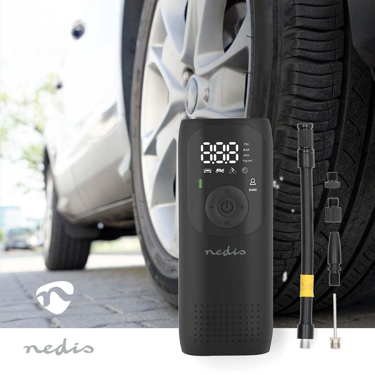 Nedis Portable Tyre Inflator, Rechargeable Air Compressor with Digital Display, LED Torch, 150 PSI Max Pressure, USB-C Charging, for Car, Bike, Motorcycle, Footballs, Inflatables & More