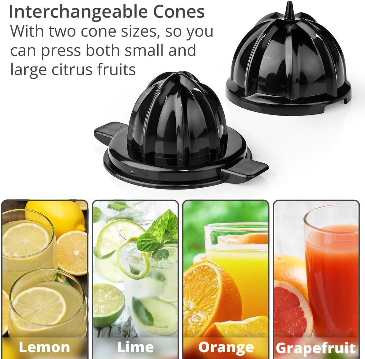 Nedis Electric Citrus Press Juicer Squeezer, 100W Motor, with 2 x Interchangeable Cones, and Anti-Drip Easy Pour Spout