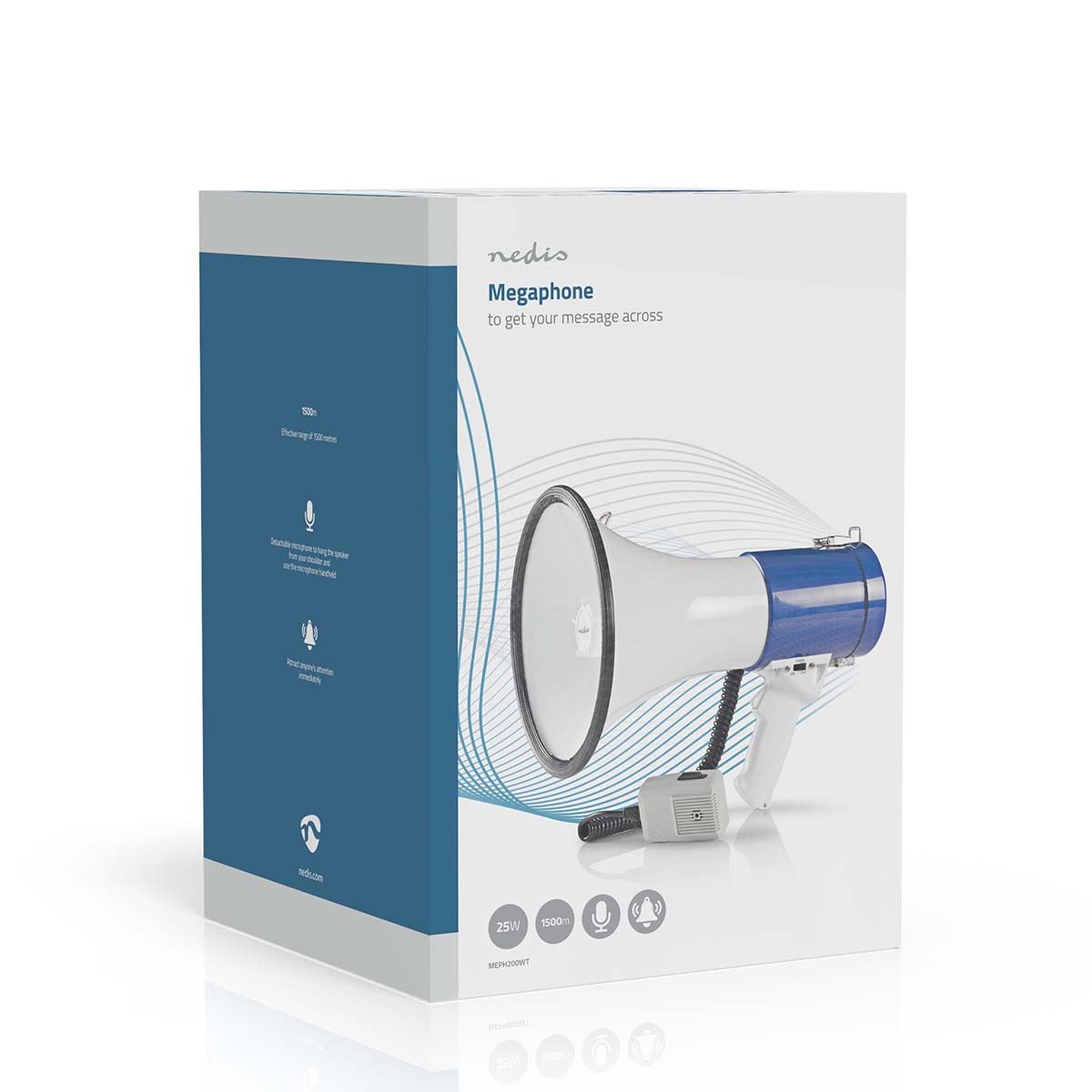 Nedis Professional 25W Super Loud Megaphone with Detachable Handheld Microphone, Built-In Siren, Adjustable Volume and Shoulder Strap