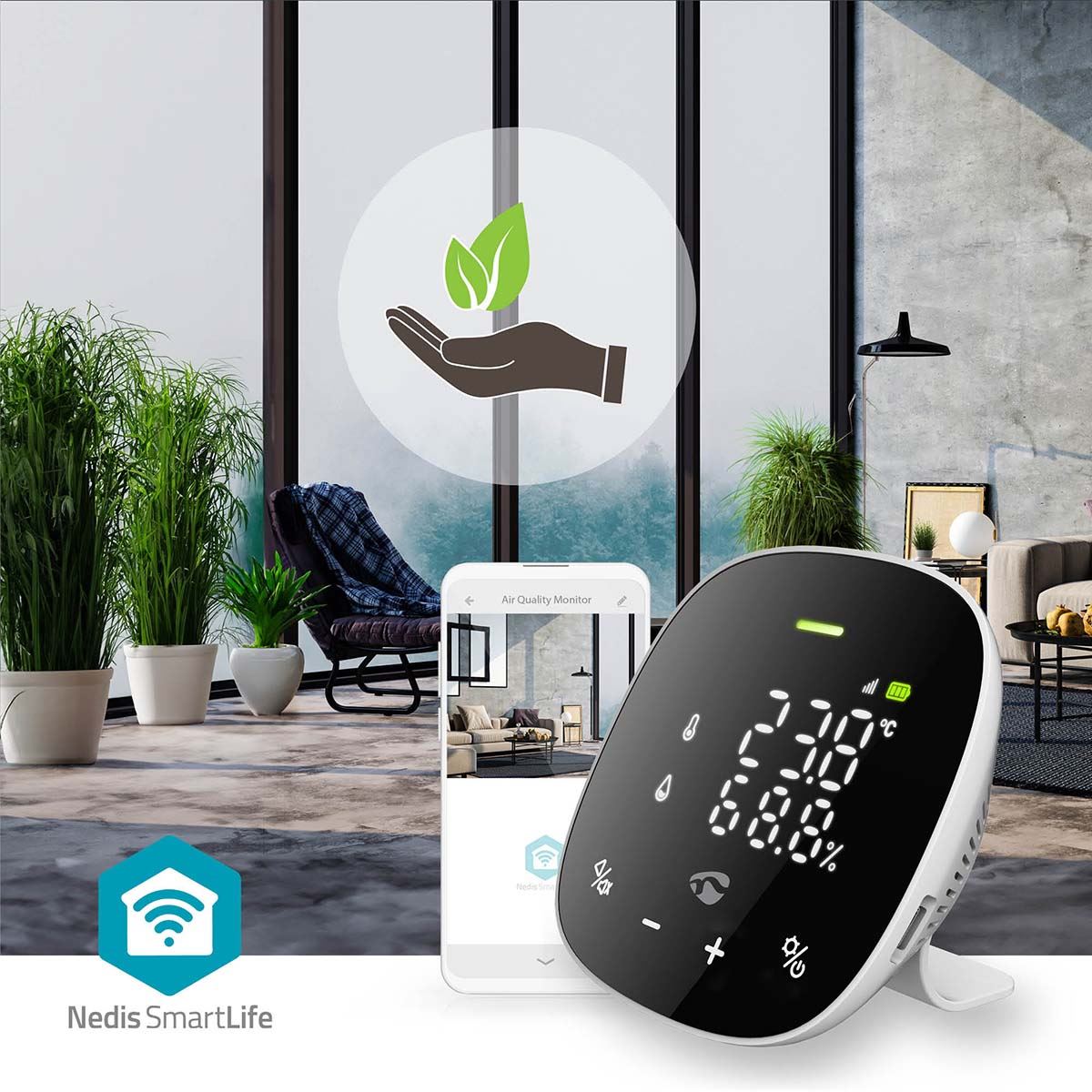 Nedis Smart Air Quality Monitor, Wi-Fi CO2 Sensor with LED Display, Temperature & Humidity Alerts, App-Controlled, Audible & Visual Alarms, NDIR Sensor, Rechargeable Backup Battery - Black/White
