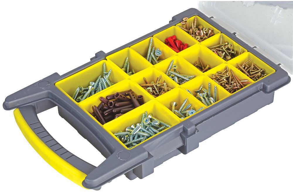 15 Compartment Grey / Yellow Organiser Storage Case with Removable Trays - 62mm x 338mm x 210mm, Crafting, DIY etc.