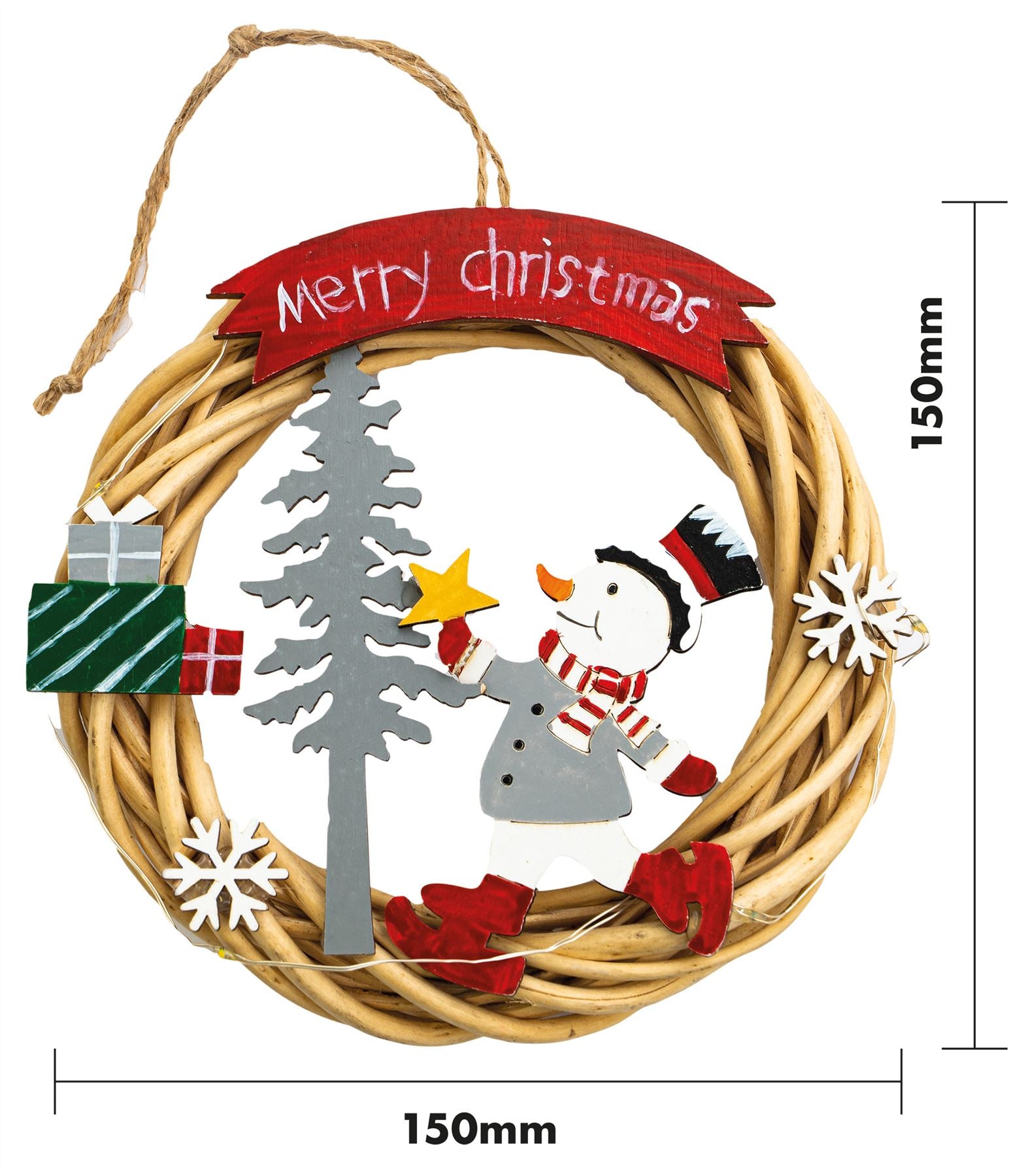 Festive Wicker Christmas Wreath with Snowman Design and LED String Light Battery Powered
