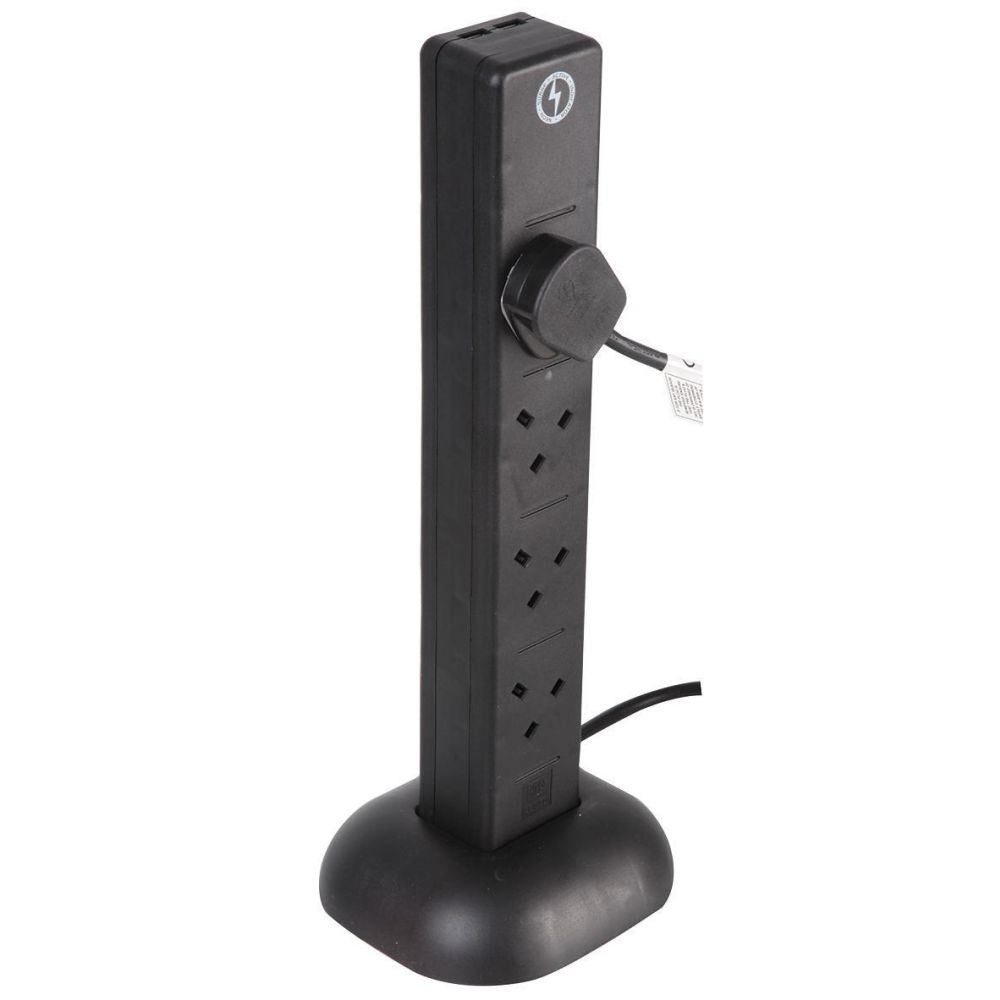 8 Gang Tower 2m Mains Extension Lead Socket Surge Protected 13A with USB Charge Ports - Black