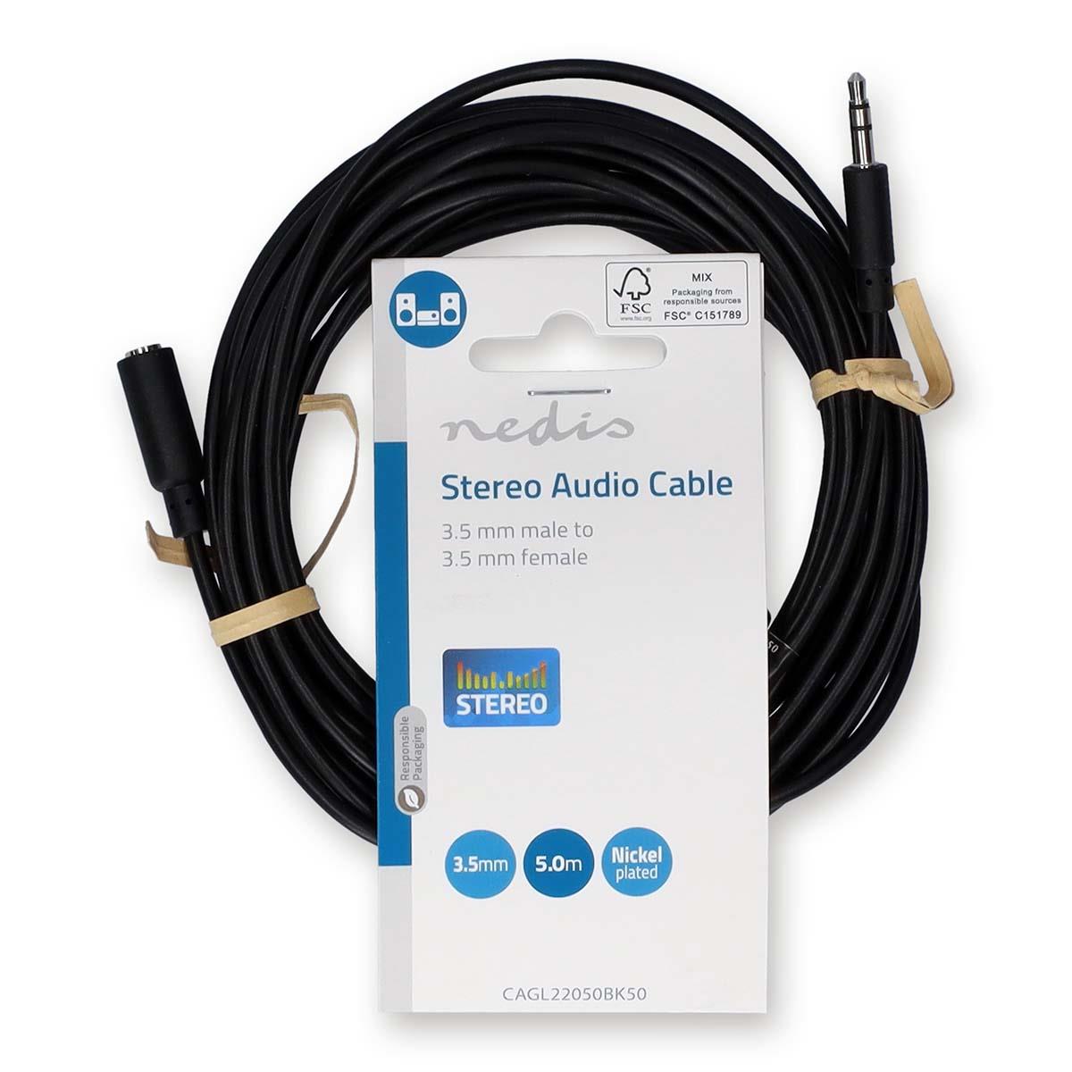 Nedis Stereo Audio Cable | 3.5 mm Male | 3.5 mm Female | Nickel Plated | 5.00 m | Round | Black | Label