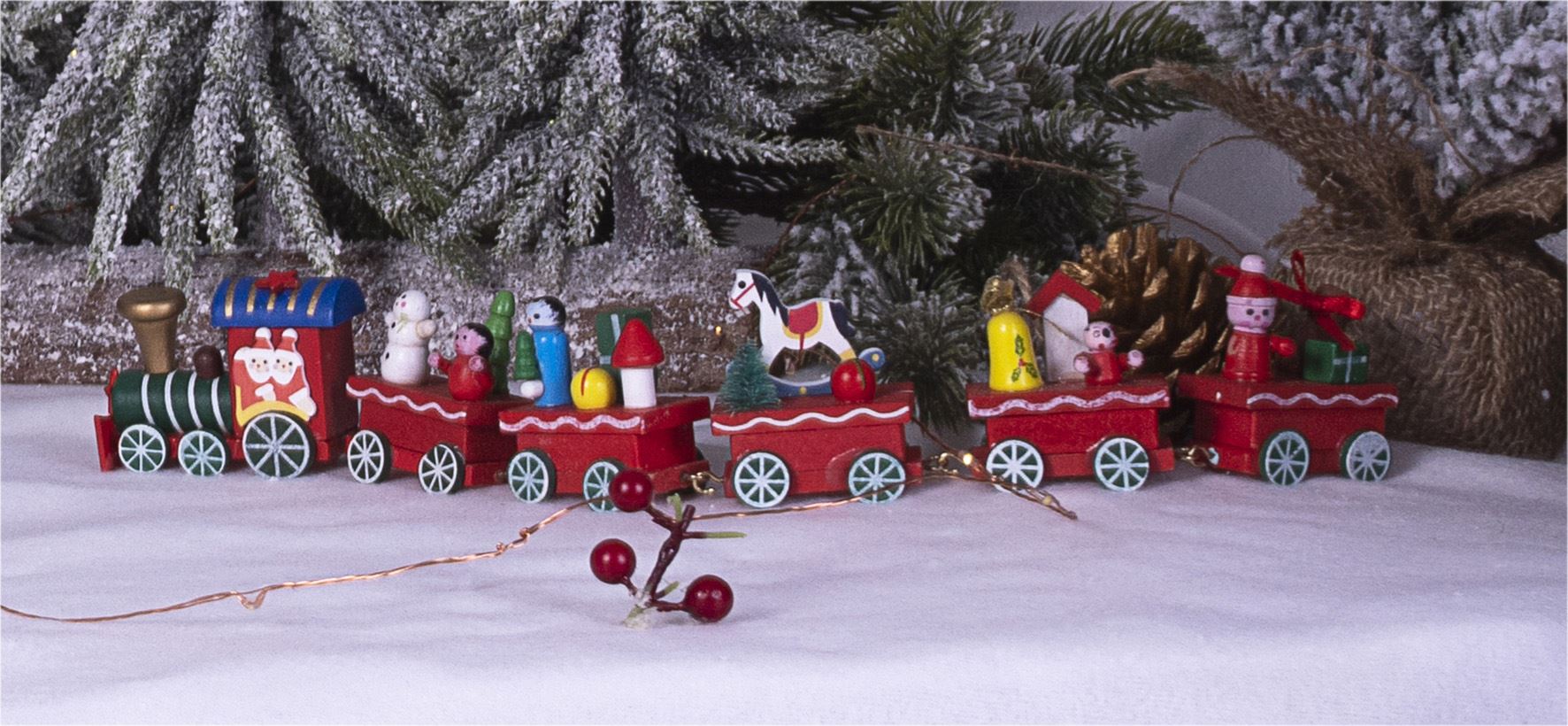 Wooden Christmas Train Set with Santa Decoration in Red