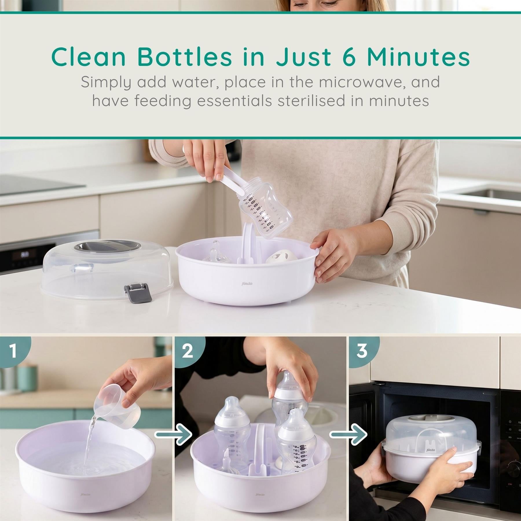 Alecto Microwave Steam Steriliser for Baby Bottles, Soothers, Breast Pumps and Feeding Accessories, Kills Viruses and 99.9% of Harmful Bacteria, 4-Minute Sterilisation Cycle