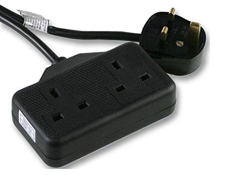 2 Gang 15m High Impact ABS Mains Extension Lead Socket 13A - Black