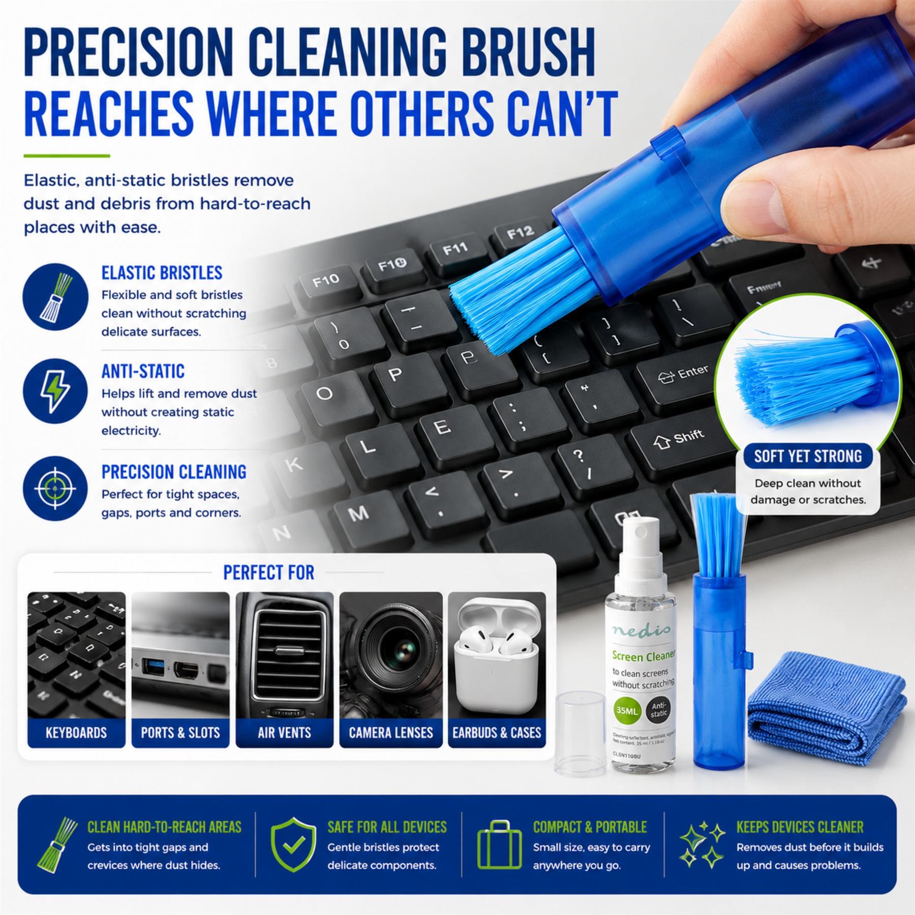 Nedis Screen Cleaner Kit for TV, PC, Smartphone & Tablet - 35ml Spray, Brush & Pearl Cloth