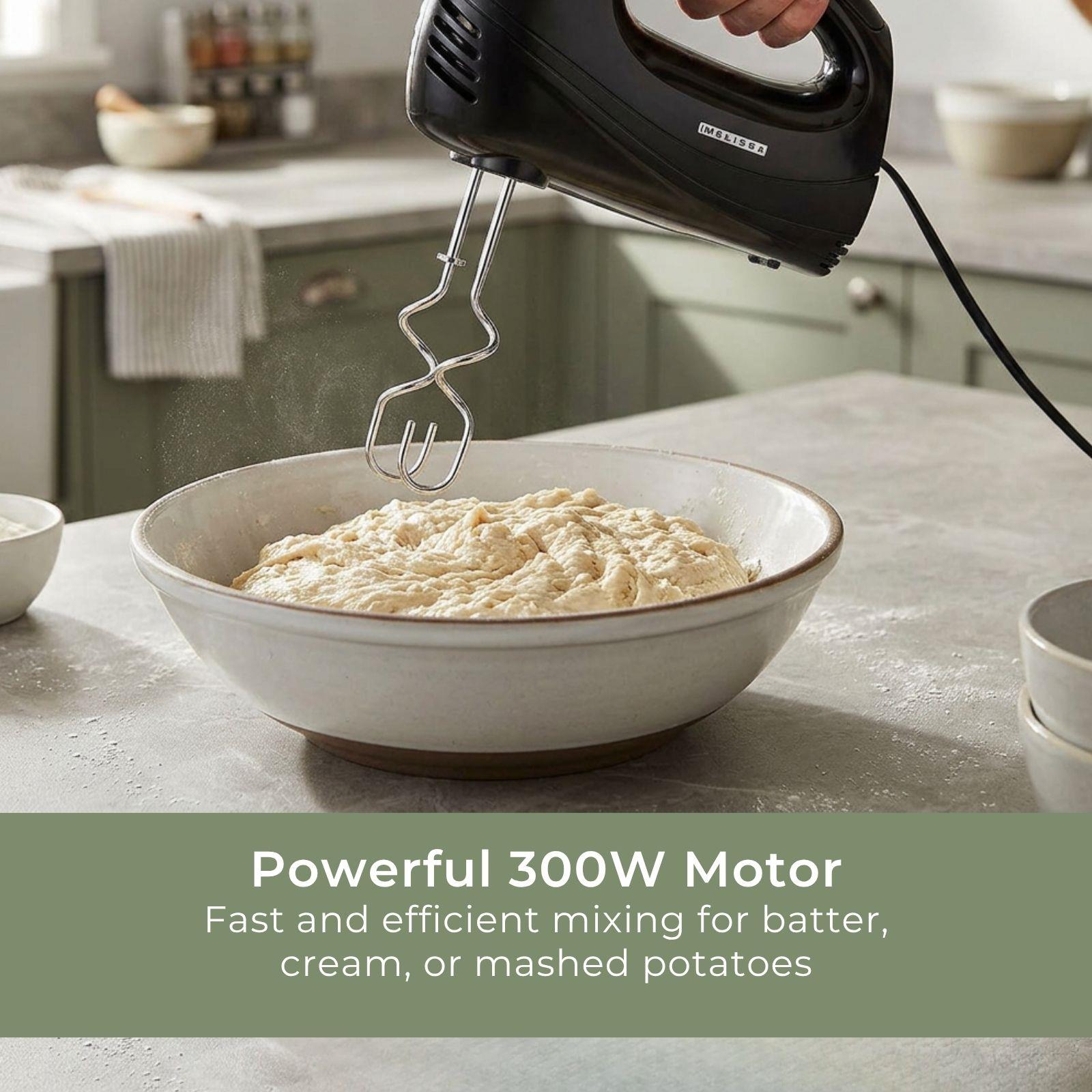 MELISSA Electric Hand Mixer with 5 speeds & turbo setting, 2 chrome plated beaters, all dishwasher safe, Easy release button, 300w - Black