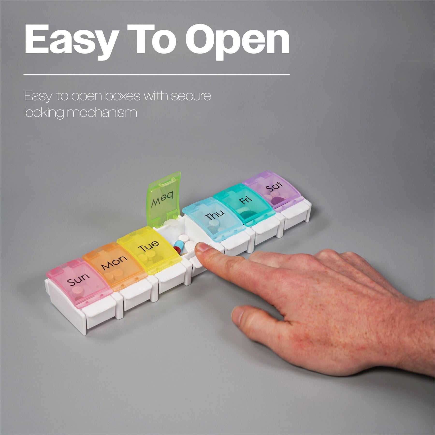 7 Day Weekly Pill Storage Box with Push Button Release.Medication Box,Weekday Medicine Storage,Ideal for Arthritis,Alzheimers,Dementia,Tablets