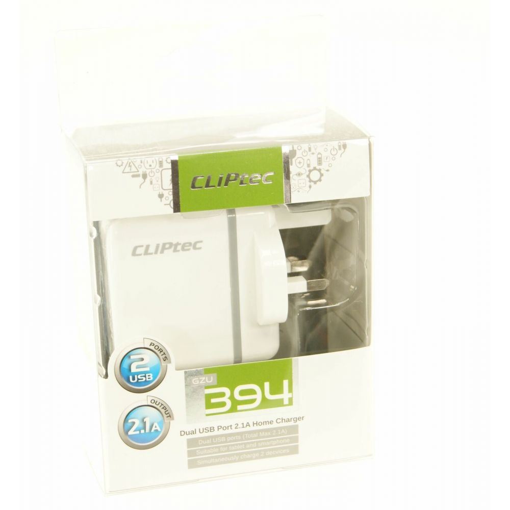 CLiptec Dual Port 2.1A UK USB Mains Charger - White