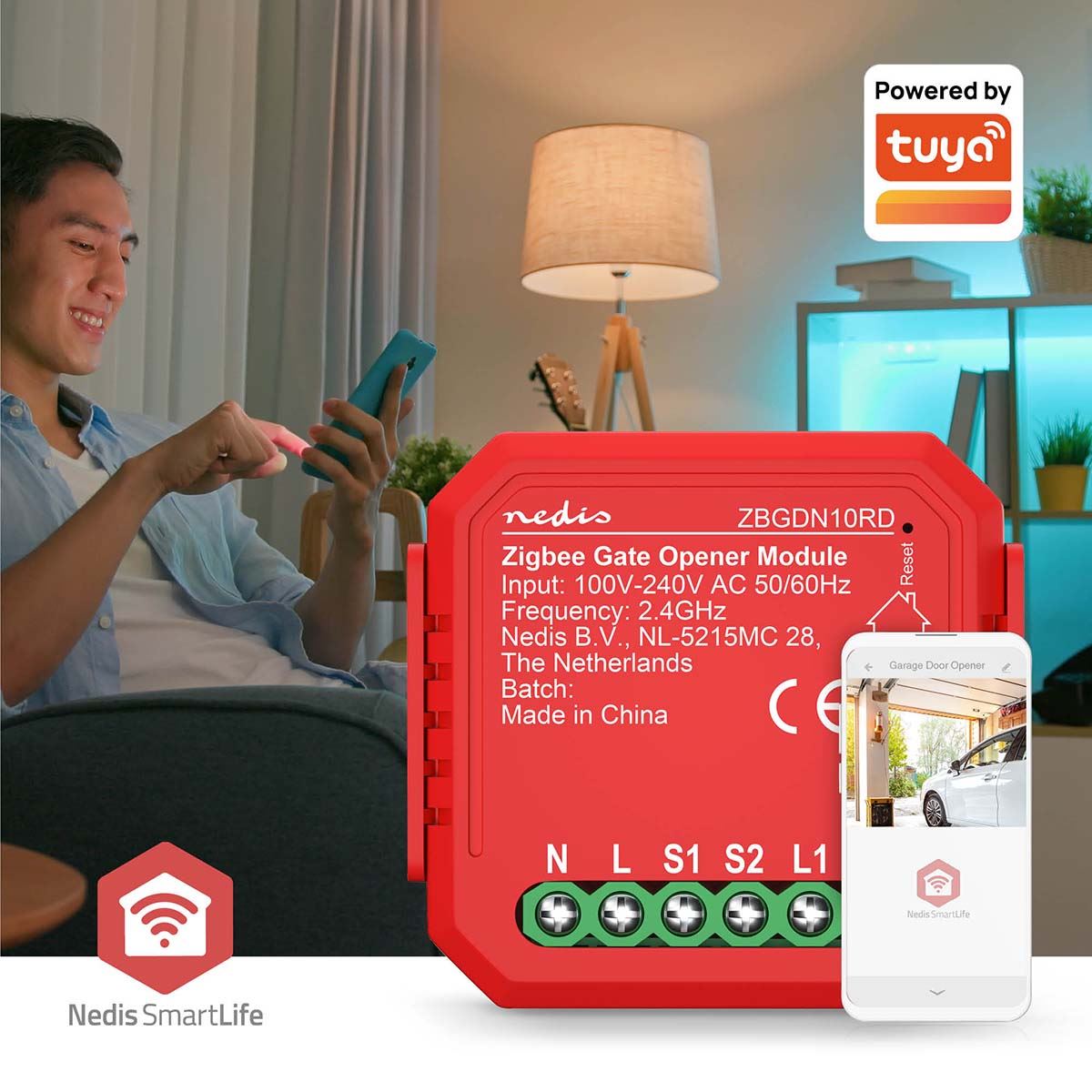 Nedis Smartlife Zigbee Garage Door Switch, Compact Built-In Module for Remote Control and Voice Commands, Compatible with Amazon Alexa and Google Home - Easy Installation Behind Existing Switch