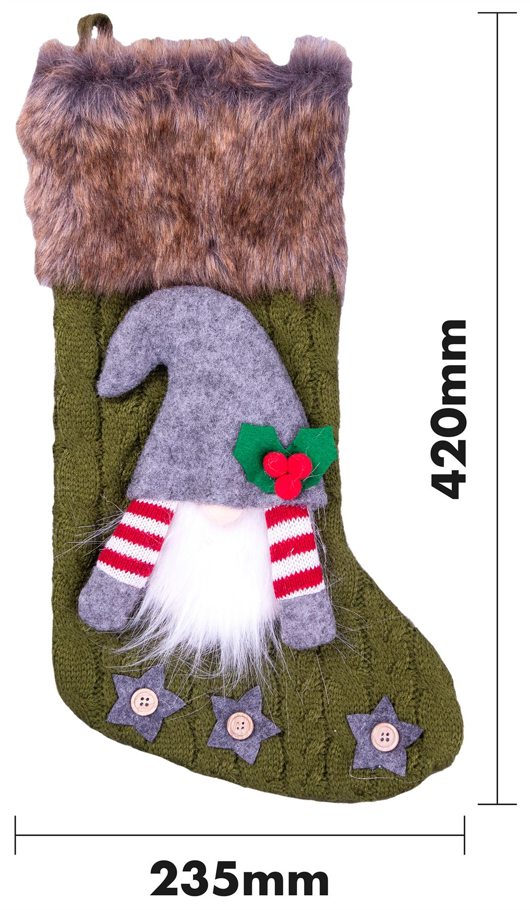 Luxury Gonk Design Christmas Fur Lined Knitted Stocking for Xmas Eve - Green
