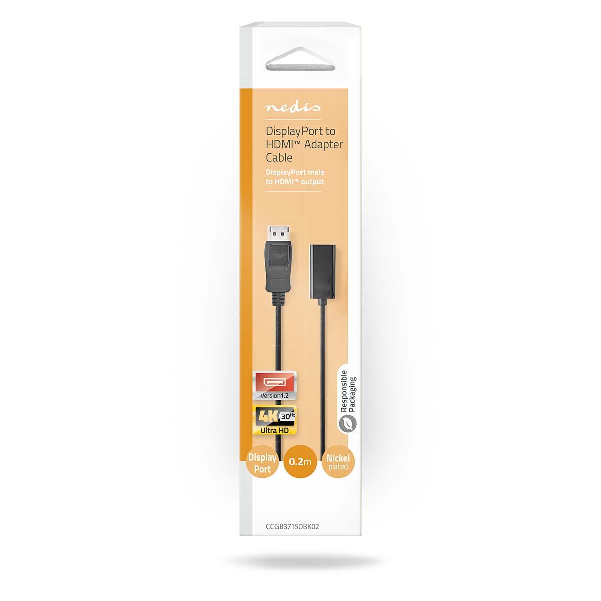 Nedis DisplayPort Cable | DisplayPort Male | HDMI™ Output | 4K@30Hz | Nickel Plated | 0.20 m | Round | PVC | Black | Box