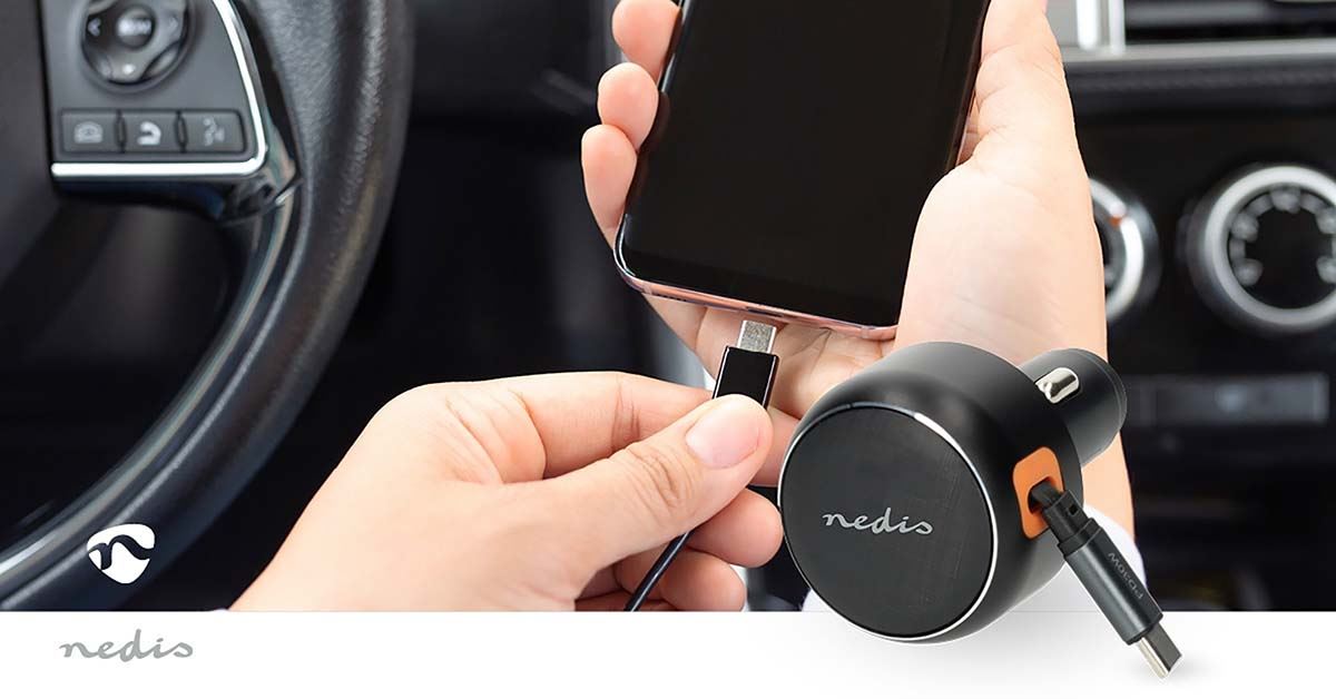 Nedis Car Charger | 30 W | 2.4 / 3.0 A | Number of outputs: 1 | USB-C™ Retractable Cable | 0.70 m | Automatic Voltage Selection