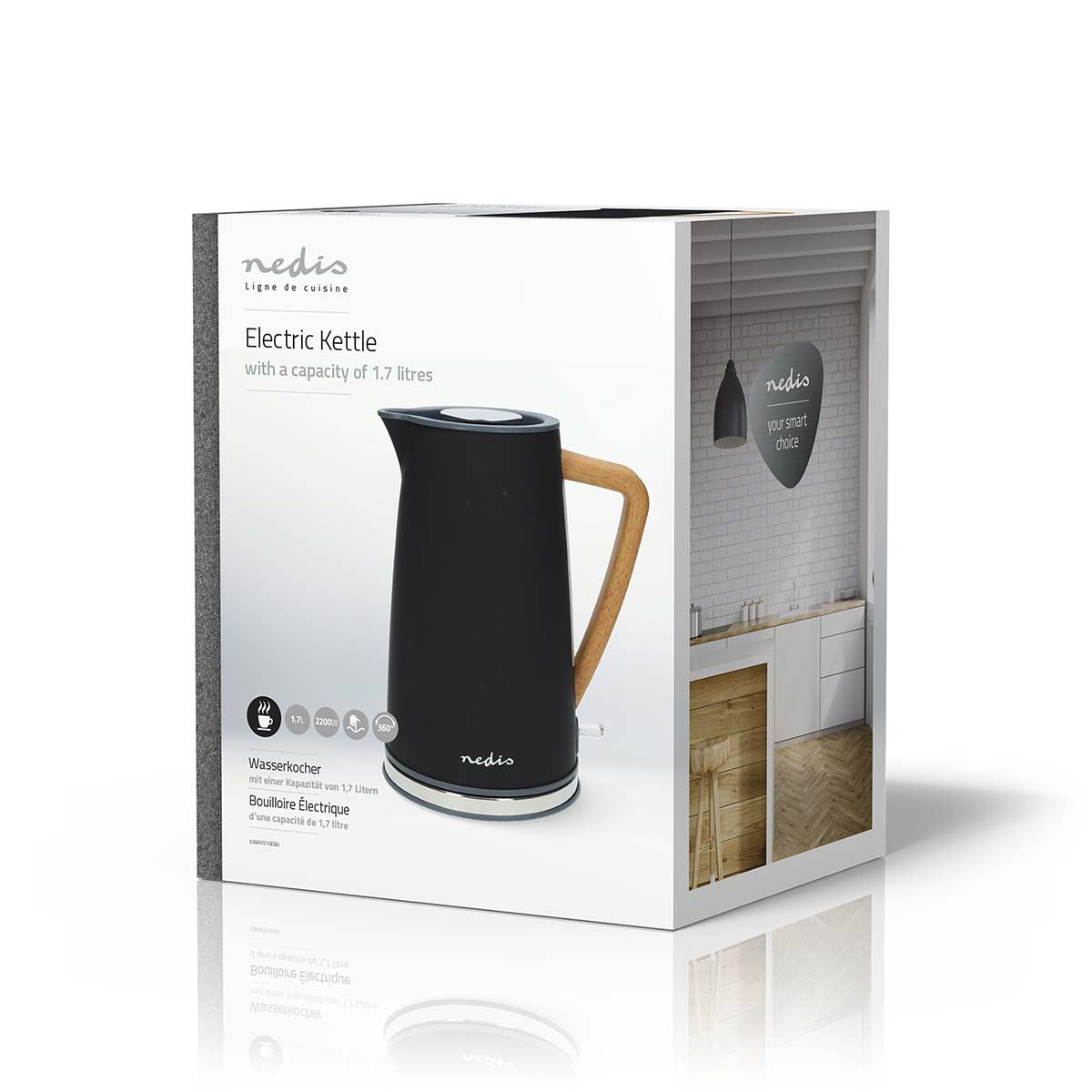 Nedis 1.7L Soft Touch Jug Kettle with Wood Effect Handle, Overheat Protection, Removeable Filter, 2.2KW - Matte Black