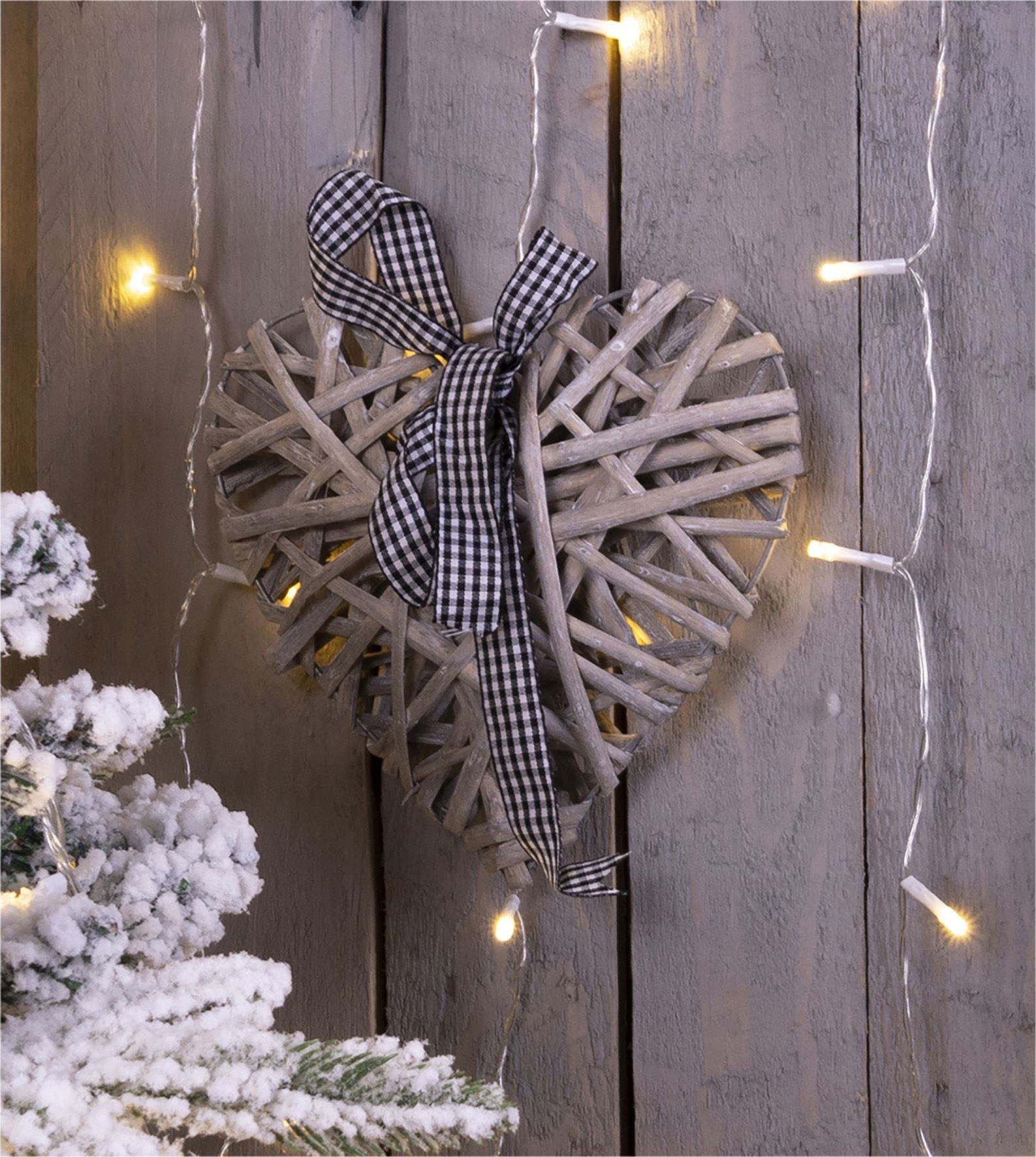 Woven Wicker Christmas Heart Rustic Hanging Decoration Light Grey