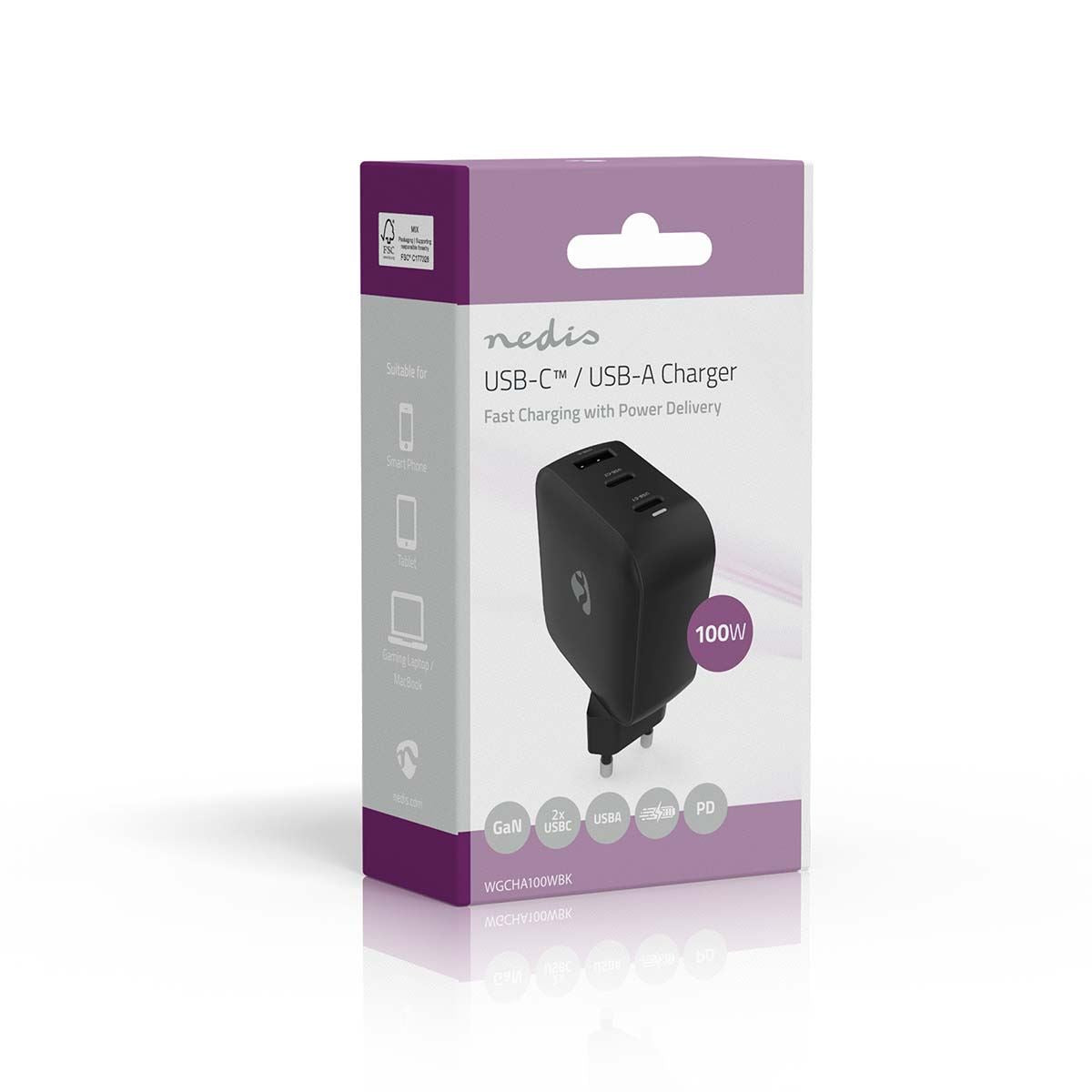 Nedis EU Euro Travel Wall Charger | 100 W | GaN | PD3.0 | Quick charge feature | 2.5 / 3.0 / 5.0 A | Number of outputs: 3 | USB-A / 2x USB-C™ | Automatic Voltage Selection | Black