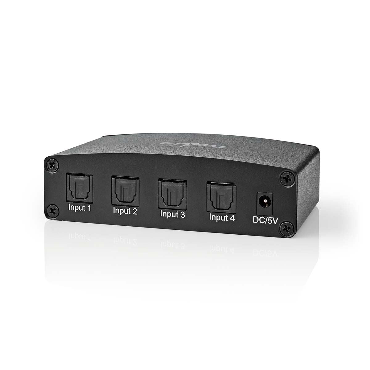 Nedis Digital Audio Switch | 4-way | Connection input: DC Power / 4x TosLink to Connection output: TosLink Female | Manual / Push Button / Remote Control | Metal | Black