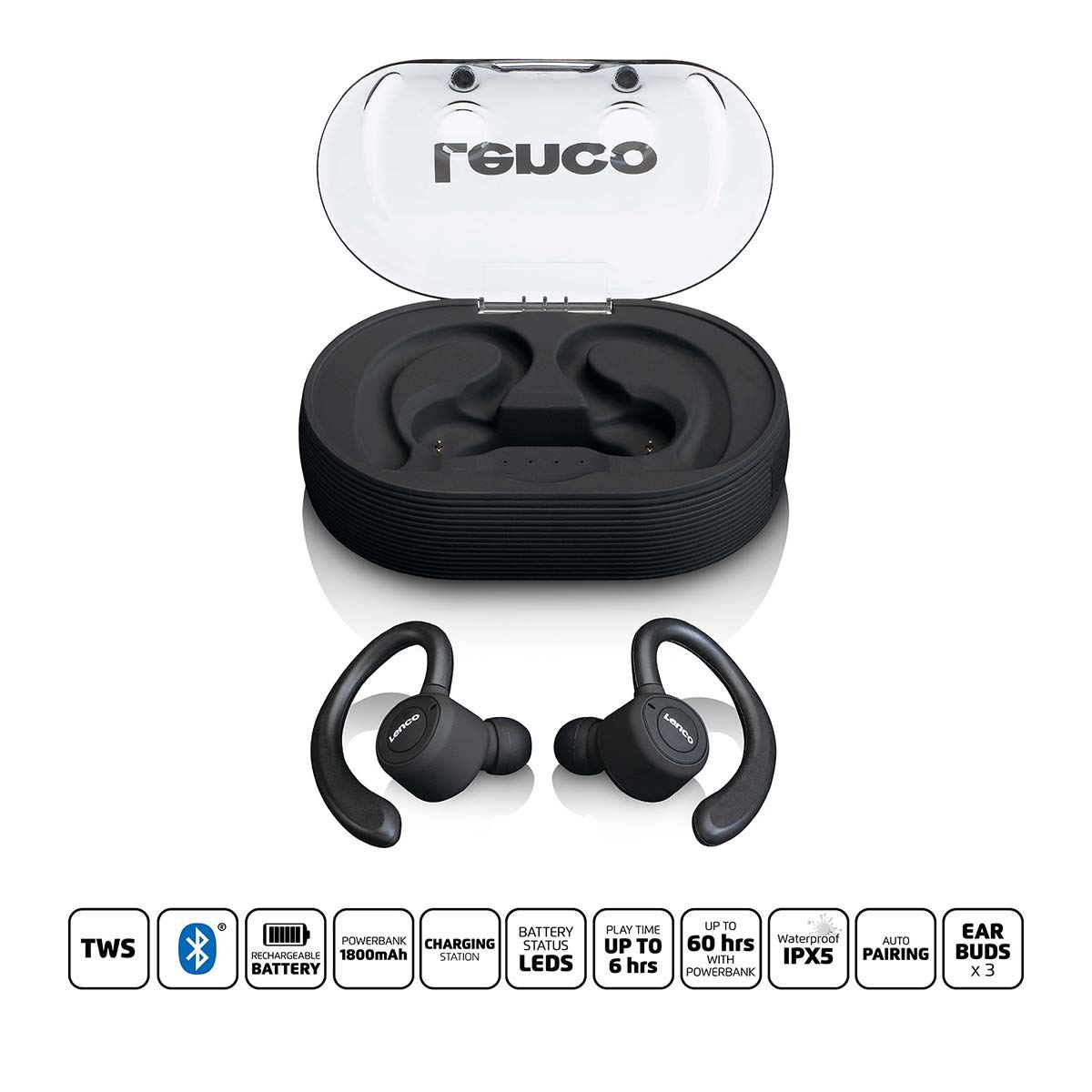 Lenco Sports IPX5 TWS Bluetooth® | Rechargable In-Ear Earphones | Black